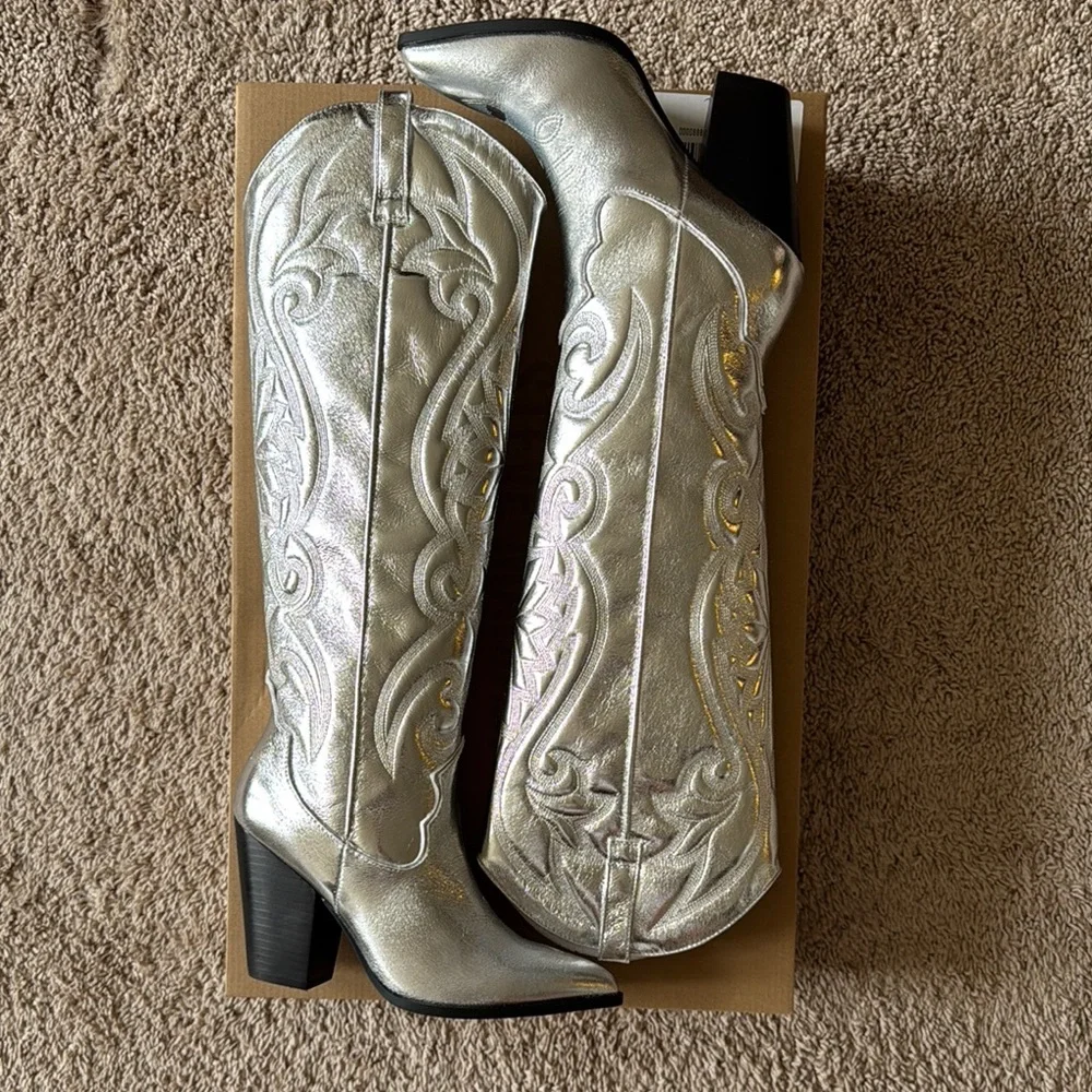 Steve Madden Silver Heeled Boots - Picture 1 of 5